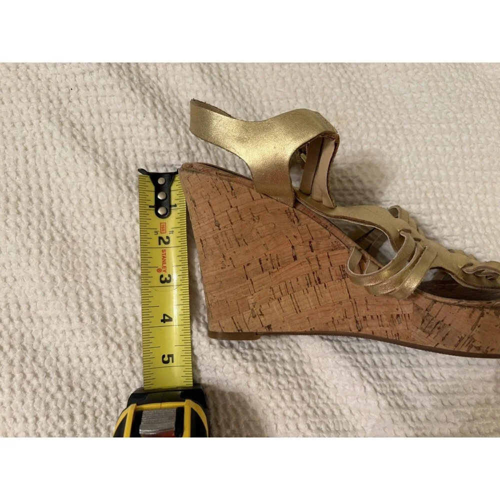 Audrey Brooke Carina Gold Leather Cork Wedge Sandals Women 9M Strappy 4” Heel